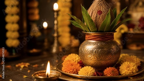 Traditional Hindu Kalash with Coconut Mango Leaves and Oil Lamps