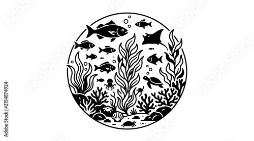 Circular marine life illustration with fish and coral.