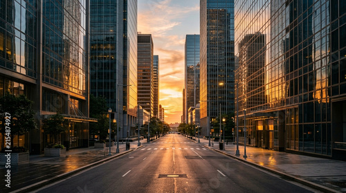 Modern cityscape street at sunset, skyscrapers reflecting warm golden light, urban architecture
