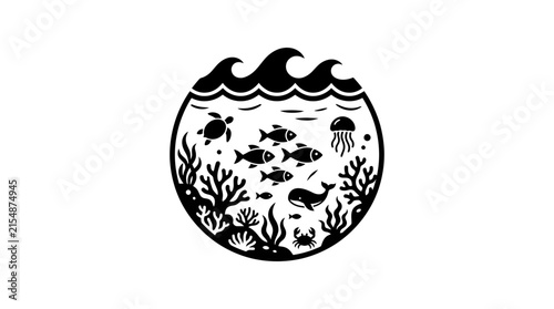 Circular marine life illustration with fish and waves.