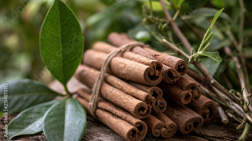 Freshly harvested cinnamon bark sticks tied in bundles among green cinnamon leaves in a tropical plantation