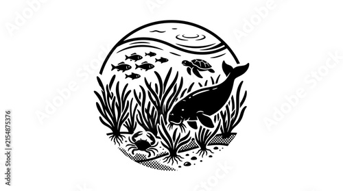Circular marine life illustration with whale and coral reef.