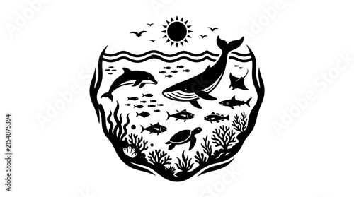 Circular marine life illustration with whale and sea creatures