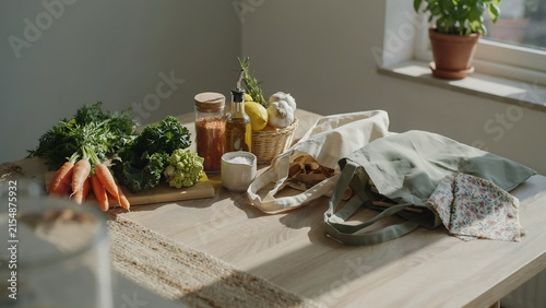 Healthy fresh groceries and vegetables on a wooden kitchen table with vegetables