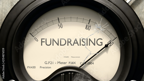 Fundraising meter showing high levels of fundraising. Dangerously increasing values of fundraising, critical overload. Too much, off the charts. Max fundraising ,3d illustration