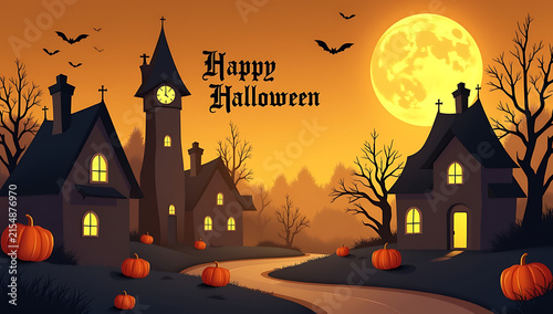 A Spooky Halloween Village Scene Featuring A Full Moon And Glowing Pumpkins