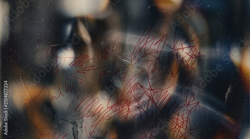 Abstract image with blurred background and prominent red scratch-like marks, creating a distressed and textured visual effect.