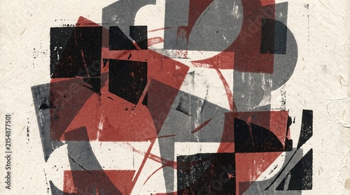 Abstract composition of overlapping red, black, and grey geometric shapes with a distressed texture, creating a dynamic visual pattern.