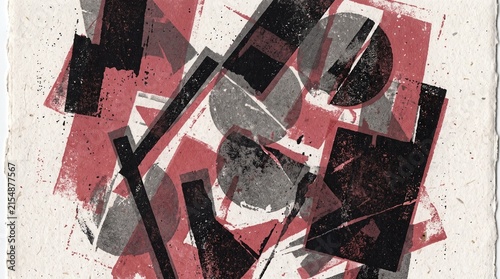 Abstract composition of overlapping geometric shapes in red, black, and gray tones with a textured, distressed appearance.