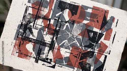 Abstract geometric composition with overlapping shapes in red, gray, and black on textured paper.