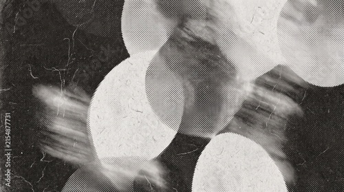 Abstract monochrome overlay of blurred figures and circular shapes, evoking a sense of mystery and movement.