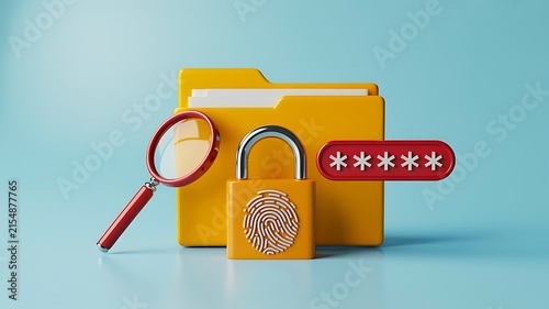 Digital data security concept with fingerprint lock, password folder and magnifying glass