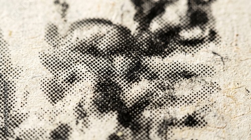 Extreme close-up of a vintage halftone print on aged, textured paper, revealing the intricate dot pattern and fibrous surface.
