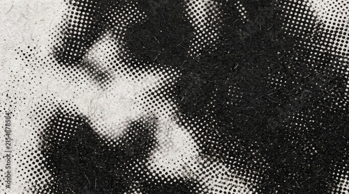 Close-up abstract black and white halftone texture with grainy distressed pattern, resembling a magnified print or a heavily pixelated image.