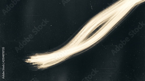 Abstract composition of flowing light-colored strands creating a dynamic, blurred, and elongated form against a dark background.