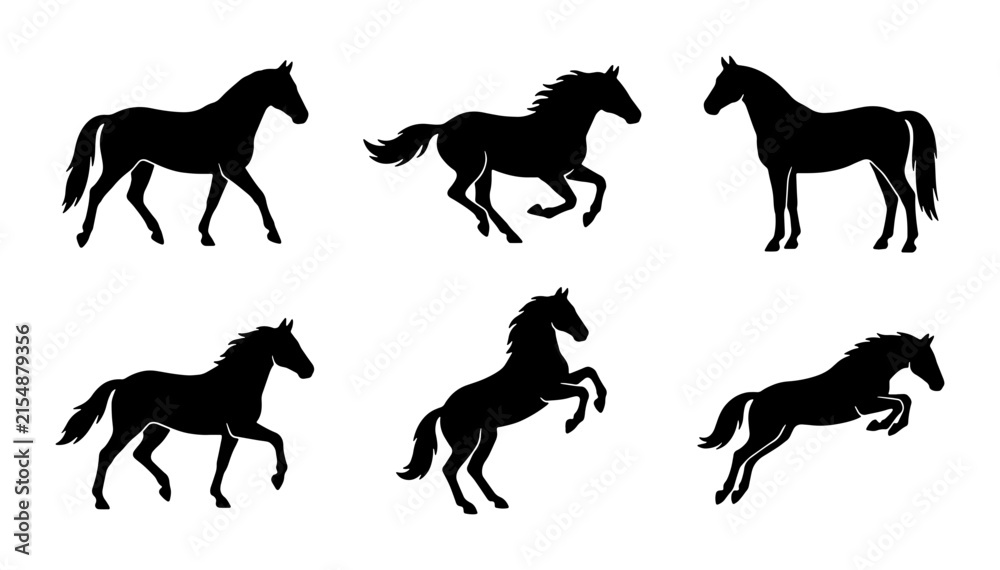 Obraz premium Horse Silhouettes Vector Set: Galloping, Rearing, Jumping Equine Poses, Black Animal Graphics