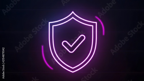 Glowing purple neon checkmark shield symbol for security verification concept with checkmark