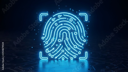 Digital fingerprint scan security concept with neon glow abstract background personal data