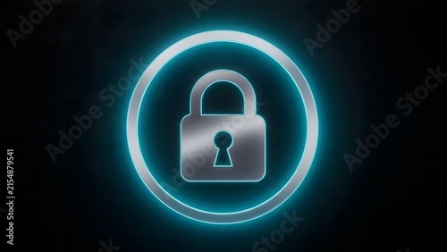 Glowing padlock icon in neon circle for digital security with personal data security protection
