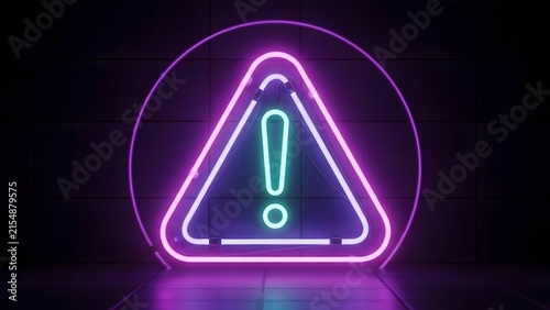 Neon exclamation mark in triangle symbol for warning and alert with danger sign, problem solving