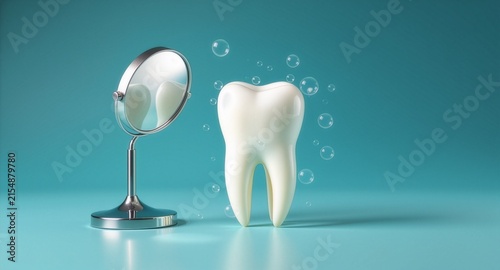 3D illustration of a white human tooth model standing next to a small round vanity mirror with floating water bubbles on a teal background, suitable for dental health and hygiene concepts.