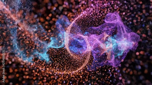 Abstract particle flow animation with dynamic swirls of purple, blue, and orange floating against a black background