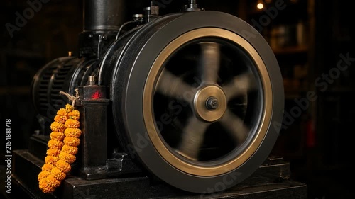 Antique Industrial Machine with Spinning Flywheel and Marigold Garland
