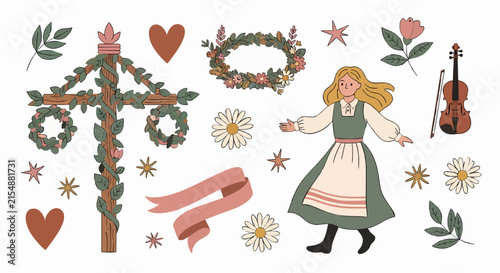 Swedish Midsummer illustration set featuring a girl in traditional dress, maypole, and floral symbols.