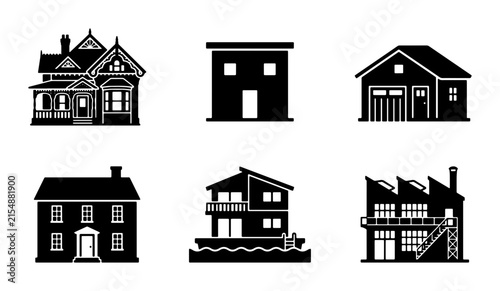 Diverse Building Icons Set: Victorian, Modern, Industrial, Residential, and Garage Vector Graphics