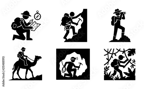 Adventure Icons: Hikers, Climbers, Explorers, Camel Rider, Miner, Jungle Trekker, 6 Vector Graphics