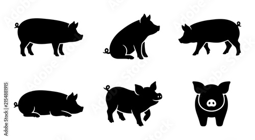Diverse Pig Silhouettes Vector Set: Farm Animals, Livestock Icons, Agricultural Symbols, Cute Swine Graphics