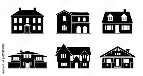 Diverse Residential House Silhouettes, Architectural Building Icons, Vector Home Styles Collection