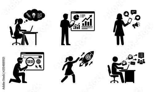 Business Growth Icons, SEO Strategy, Digital Marketing, Startup Launch, Data Analysis, Teamwork