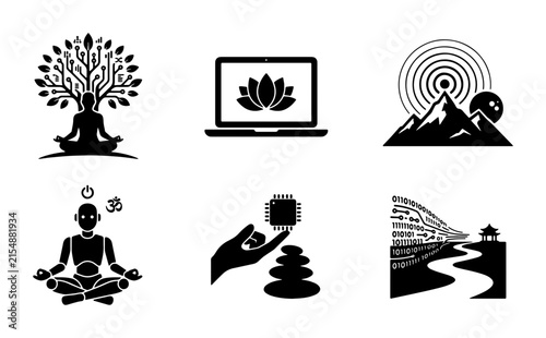 Mindfulness Technology Icons: Meditation, Nature, Digital Transformation, Zen, AI, Data Flow