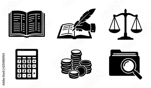 Legal Icons Set: Scales of Justice, Open Book, Writing Quill, Calculator, Coin Stack, Folder Magnifier
