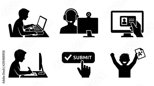 Online Learning and Success Icons: Education, Submission, Achievement, Support, Digital ID, Computer Work
