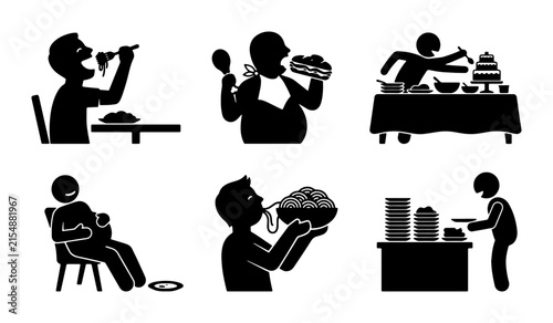 Pictogram Set: People Eating, Overeating, and Serving Food at Buffets | Vector Icons