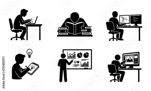 Business Icons Set: Studying, Coding, Design, Analytics, Learning, Work, 6 Vector Graphics