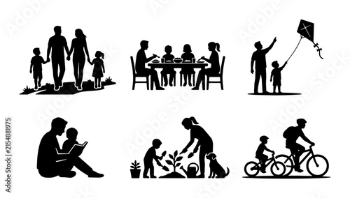 Family Silhouette Set: Outdoor Activities, Indoor Dining, Learning, and Recreation Vector Icons