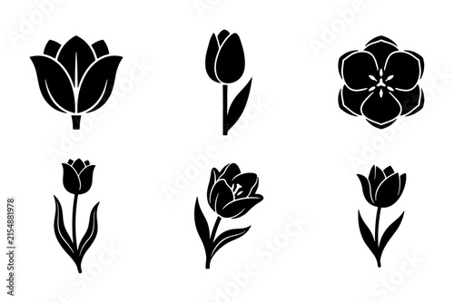 Six Black Tulip Flower Icons, Vector Silhouettes for Spring Floral Design Elements, Botanical Graphics