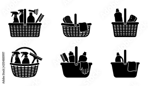 Cleaning Supplies Basket Icons, Household Chores Vector Set, Hygiene Products Collection, Domestic Care Graphics