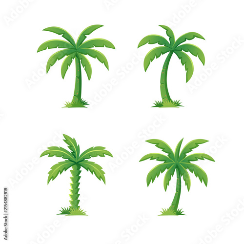 stylized cartoon palm trees with varied trunks, fronds, and shading  on white background