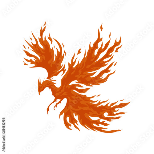 Orange red phoenix illustration with wings spread wide, tail and body formed of flame shapes, symbolizing rebirth, transformation, and immortality.
