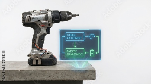 Cordless power drill with digital voltage display on workbench for DIY construction projects