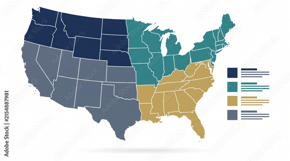 Fototapeta premium Map of the united states of america divided into four colored regions