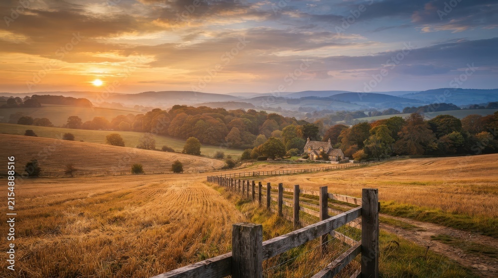 Fototapeta premium Beautiful sunset over a peaceful farm field with a wooden fence and rolling hills in the countryside during golden hour