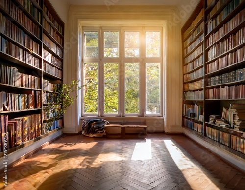 sunlit cozy elegant home library window books empty room zoom virtual backgrounds cozy interior backdrops living room backgrounds for virtual meetings stock image