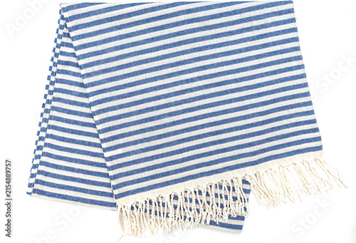 A blanket with blue and white stripes and fringe on a white background. Top view.