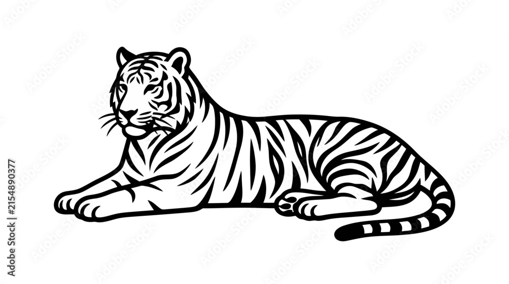 Obraz premium Lying tiger feline silhouette on white background.