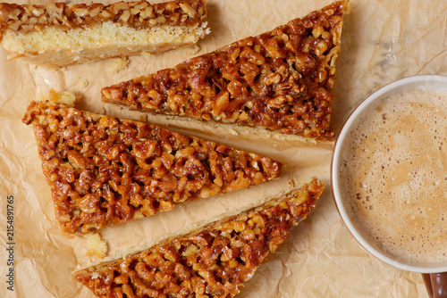Caramelized walnut pie slices.selective focus.